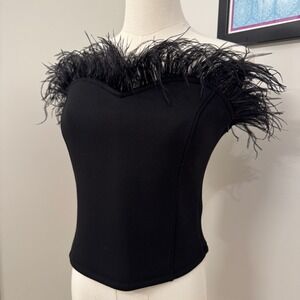 Endless Rose Black Strapless Knit Feather Trim Corset Top Large Tube Top NWT